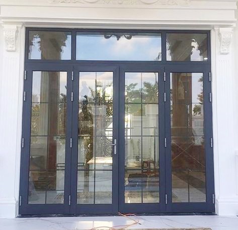 Cửa Đi Mở 4 Cánh - Nhôm Màu Xám - Kính Hộp Chia Nan Cửa Đi Mở 4 Cánh - Nhôm Màu Xám - Kính Hộp Chia Nan